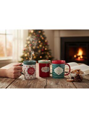 Design Pac Holiday Ceramic Mug Set W/ Festive Designs Merry & Bright Sugar Set 3